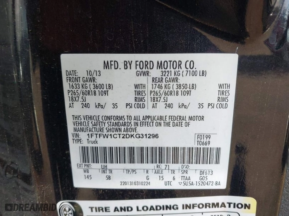 2013 Ford F-150 XL with VIN 1FTFW1CT2DKG31296, listed as a IAAI auction lot 41429841 with 0 mi miles. Bid and sale history available at carsss.com. Image 9.