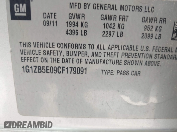 2012 Chevrolet Malibu 1LS with VIN 1G1ZB5E09CF179091, listed as a IAAI auction lot 42211117 with 158,420 mi miles and . Bid and sale history available at DreamBid. Image 9.