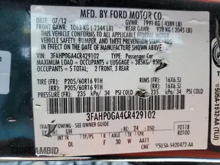 2012 Ford Fusion S with VIN 3FAHP0GA4CR429102, listed as a Copart auction lot 52608585 with 144,846 mi miles and Salvage Title. Bid and sale history available at carsss.com. Image 12.