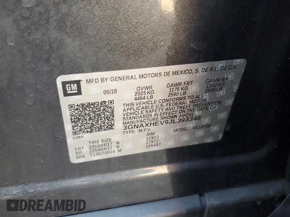 2018 Chevrolet Equinox LS with VIN 3GNAXHEV9JL393348, listed as a Copart auction lot 52647375 with 93,689 mi miles and Salvage Title. Bid and sale history available at DreamBid. Image 15.