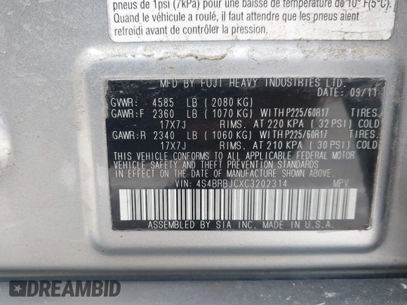 2012 Subaru Outback Limited with VIN 4S4BRBJCXC3202314, listed as a IAAI auction lot 42720273 with 125,976 mi miles and . Bid and sale history available at DreamBid. Image 9.