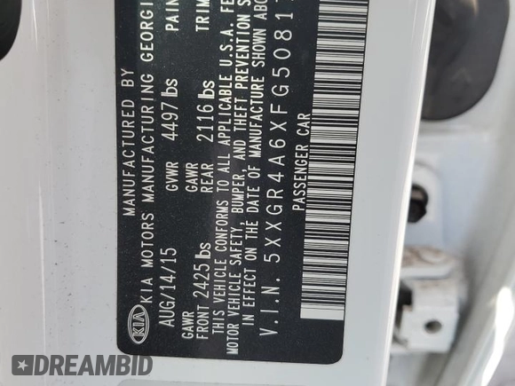 2015 Kia Optima SX Turbo with VIN 5XXGR4A6XFG508174, listed as a Copart auction lot 55863945 with 38,794 mi miles and Salvage title. Bid and sale history available at DreamBid. Image 12.