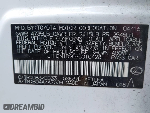 2016 Lexus IS 300/350 with VIN JTHCM1D20G5010428, listed as a IAAI auction lot 42253079 with 104,880 mi miles and . Bid and sale history available at DreamBid. Image 9.