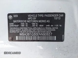 2014 BMW 3 Series 320i with VIN WBA3B1G50ENN90657, listed as a IAAI auction lot 42304612 with 129,377 mi miles and . Bid and sale history available at DreamBid. Image 9.