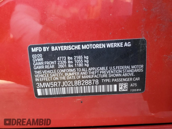 2020 BMW 3 Series 330i xDrive with VIN 3MW5R7J02L8B28878, listed as a Copart auction lot 68898862 with 26,314 mi miles. Bid and sale history available at carsss.com. Image 12.