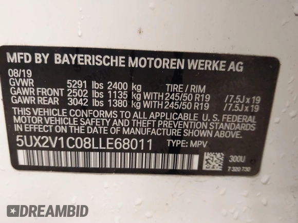 2020 BMW X4 xDrive30i with VIN 5UX2V1C08LLE68011, listed as a IAAI auction lot 41389958 with 119,391 mi miles. Bid and sale history available at carsss.com. Image 9.