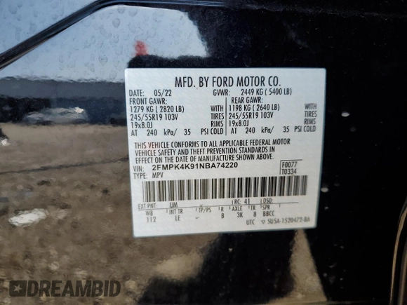 2022 Ford Edge Titanium with VIN 2FMPK4K91NBA74220, listed as a Copart auction lot 52184665 with 9,391 mi miles and Salvage Title. Bid and sale history available at carsss.com. Image 14.