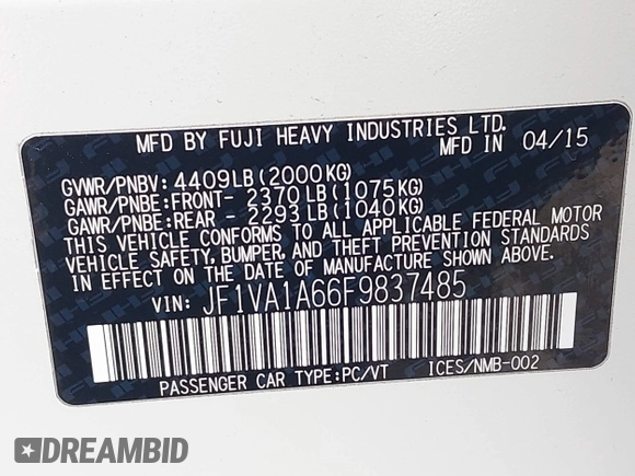 2015 Subaru WRX с VIN JF1VA1A66F9837485, выставлен на аукционе IAAI как лот 42196572 с пробегом 49 017 миль миль и . История ставок и продаж доступна на DreamBid. Изображение 9.