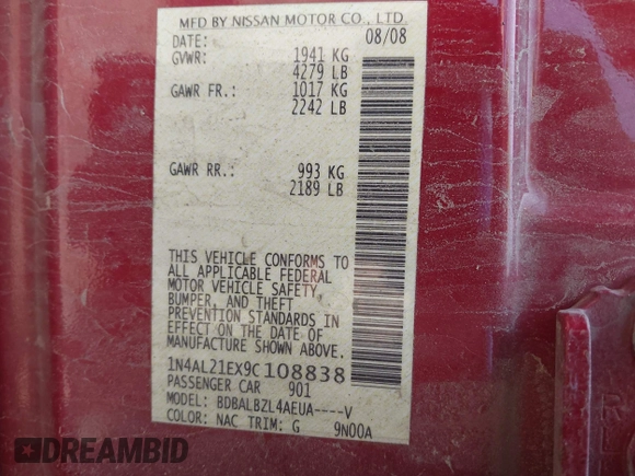 2009 Nissan Altima SL with VIN 1N4AL21EX9C108838, listed as a IAAI auction lot 42259373 with 137,000 mi miles and . Bid and sale history available at DreamBid. Image 9.