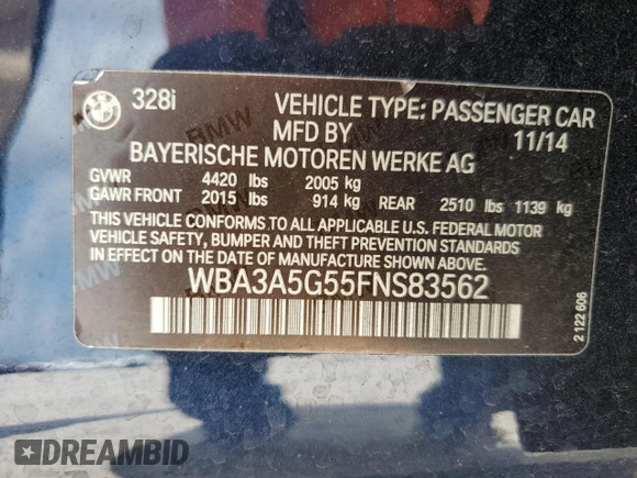 2015 BMW 3 Series 328i with VIN WBA3A5G55FNS83562, listed as a Copart auction lot 63014885 with 85,955 mi miles and Non repairable. Bid and sale history available at DreamBid. Image 12.