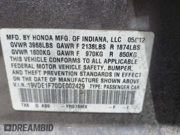 2013 Acura ILX Technology with VIN 19VDE1F70DE002429, listed as a IAAI auction lot 41921425 with 180,579 mi miles and . Bid and sale history available at DreamBid. Image 9.