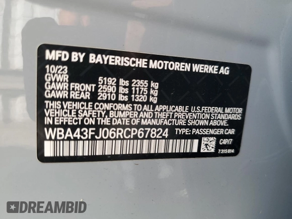 2024 BMW 5 Series 530i with VIN WBA43FJ06RCP67824, listed as a Copart auction lot 61351965 with 12,990 mi miles and Salvage title. Bid and sale history available at DreamBid. Image 13.