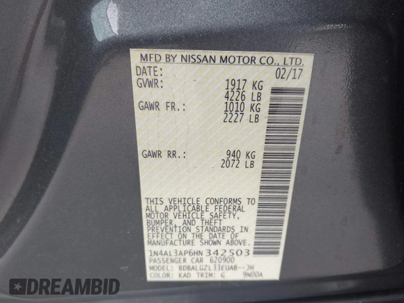 2017 Nissan Altima S with VIN 1N4AL3AP6HN342503, listed as a IAAI auction lot 41468872 with 122,836 mi miles and . Bid and sale history available at DreamBid. Image 9.