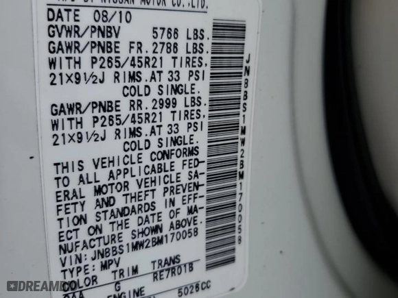 2011 Infiniti FX50 with VIN JN8BS1MW2BM170058, listed as a Copart auction lot 82652634 with NaN miles and Non Repairable. Bid and sale history available at carsss.com. Image 14.
