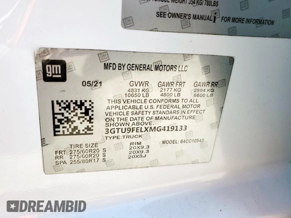 2021 GMC Sierra 1500 Denali z VIN 3GTU9FELXMG419133, wystawiony jako Copart lot #61422395 z przebiegiem 117 715 mil mil oraz Czysty tytuł • Clean title. Historia ofert i sprzedaży dostępna na DreamBid. Obrazek 12.