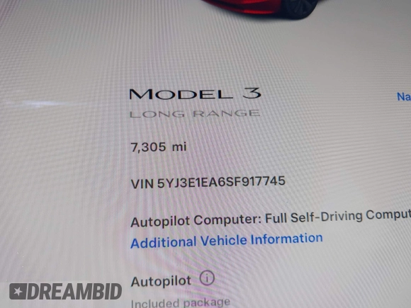 2025 Tesla Model 3 Long Range with VIN 5YJ3E1EA6SF917745, listed as a IAAI auction lot 42533673 with 7,305 mi miles and . Bid and sale history available at DreamBid. Image 7.