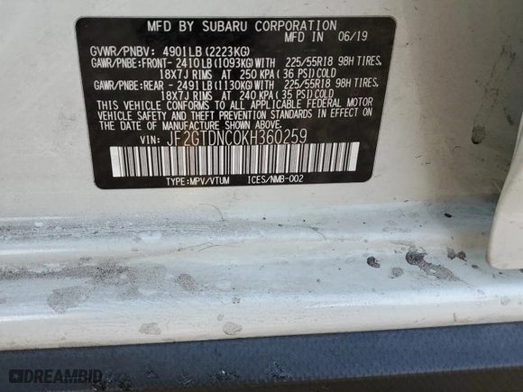 2019 Subaru Crosstrek Hybrid with VIN JF2GTDNC0KH360259, listed as a Copart auction lot 85122524 with 47,299 mi miles and Salvage Title. Bid and sale history available at carsss.com. Image 14.