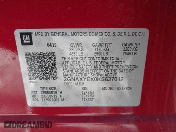2019 Chevrolet Equinox Premier with VIN 3GNAXYEX0KS637042, listed as a IAAI auction lot 41160290 with 16,754 mi miles and . Bid and sale history available at DreamBid. Image 9.