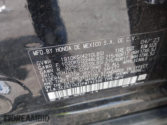 2023 Honda HR-V LX with VIN 3CZRZ1H32PM742306, listed as a IAAI auction lot 42162835 with Not provided miles and . Bid and sale history available at DreamBid. Image 9.