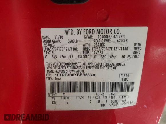 2011 Ford F-350 XL with VIN 1FTRF3B6XBEB58330, listed as a Copart auction lot 46104375 with 125,438 mi miles and Clean title. Bid and sale history available at DreamBid. Image 12.