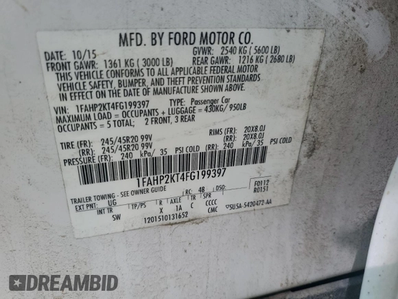 2015 Ford Taurus SHO with VIN 1FAHP2KT4FG199397, listed as a Copart auction lot 60356465 with Not provided miles and Non repairable. Bid and sale history available at DreamBid. Image 12.