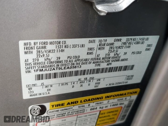 2020 Ford Expedition Limited z VIN 1FMJU2AT9LEA05813, wystawiony jako Copart lot #58288485 z przebiegiem 31 545 mil mil oraz Szkoda całkowita • Salvage title. Historia ofert i sprzedaży dostępna na DreamBid. Obrazek 13.