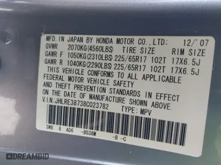 2008 Honda CR-V EX-L with VIN JHLRE38738C023782, listed as a IAAI auction lot 41966237 with 242,956 mi miles. Bid and sale history available at carsss.com. Image 9.