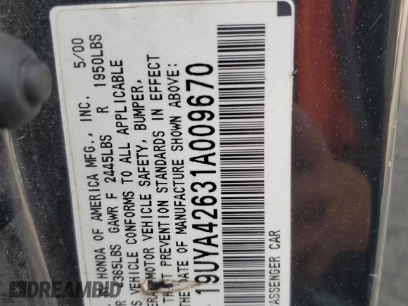 2001 Acura CL Type S z VIN 19UYA42631A009670, wystawiony jako Copart lot #59864235 z przebiegiem 186 585 mil mil oraz Czysty tytuł • Clean title. Historia ofert i sprzedaży dostępna na DreamBid. Obrazek 12.