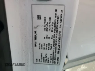 2021 Tesla Model 3 Standard Range Plus with VIN 5YJ3E1EA2MF854713, listed as a Copart auction lot 53783535 with 84,585 mi miles and Non Repairable. Bid and sale history available at DreamBid. Image 13.
