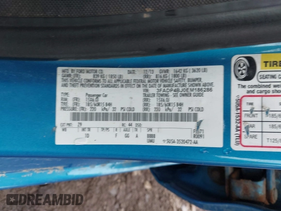2014 Ford Fiesta SE with VIN 3FADP4BJ0EM186286, listed as a IAAI auction lot 42046848 with 131,848 mi miles and . Bid and sale history available at DreamBid. Image 9.