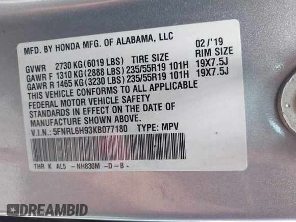2019 Honda Odyssey Elite with VIN 5FNRL6H93KB077180, listed as a IAAI auction lot 41936408 with 75,168 mi miles and . Bid and sale history available at DreamBid. Image 9.