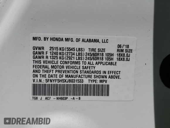 2018 Honda Pilot EX-L with VIN 5FNYF5H5XJB031533, listed as a Copart auction lot 64419275 with 38,373 mi miles and Salvage title. Bid and sale history available at DreamBid. Image 13.