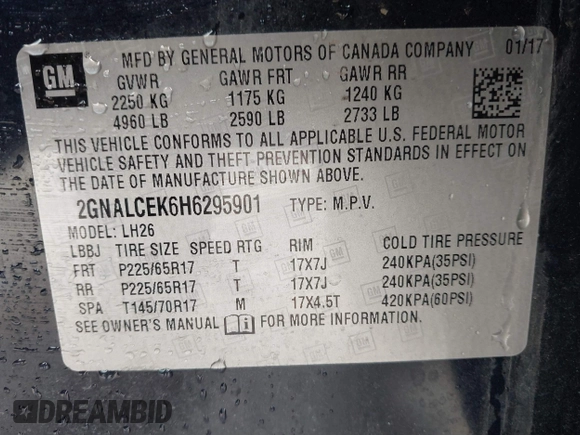 2017 Chevrolet Equinox LT with VIN 2GNALCEK6H6295901, listed as a IAAI auction lot 41622130 with 147,230 mi miles. Bid and sale history available at carsss.com. Image 9.