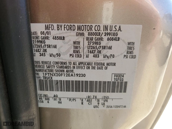 2002 Ford Super Duty F-250 XL with VIN 1FTNX20F12EA19230, listed as a Copart auction lot 74044634 with 392,488 mi miles and Salvage Title. Bid and sale history available at carsss.com. Image 12.