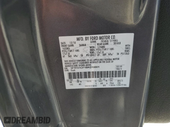 2011 Ford F-150 XL with VIN 1FTFX1CF1BKD10001, listed as a Copart auction lot 51239635 with 131,384 mi miles and Salvage Title. Bid and sale history available at carsss.com. Image 12.