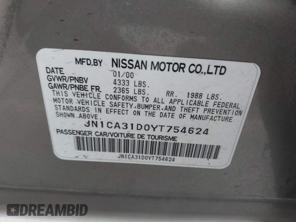 2000 Nissan Maxima GXE z VIN JN1CA31D0YT754624, wystawiony jako IAAI lot #42299290 z przebiegiem 81 958 mil mil oraz . Historia ofert i sprzedaży dostępna na DreamBid. Obrazek 9.