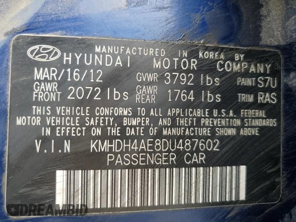 2013 Hyundai Elantra GLS z VIN KMHDH4AE8DU487602, wystawiony jako Copart lot #55031365 z przebiegiem 133 822 mil mil oraz Czysty tytuł • Clean title. Historia ofert i sprzedaży dostępna na DreamBid. Obrazek 12.