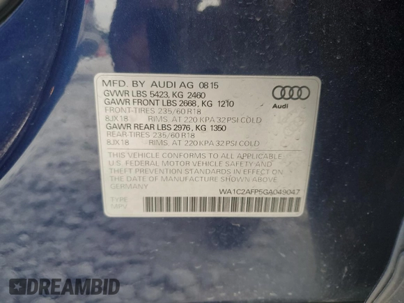 2016 Audi Q5 Premium with VIN WA1C2AFP5GA049047, listed as a Copart auction lot 50959785 with 117,751 mi miles and Clean title. Bid and sale history available at DreamBid. Image 13.