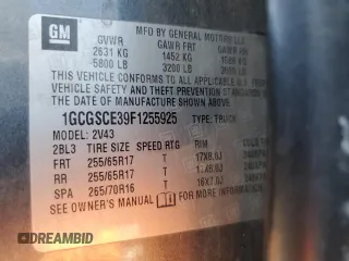 2015 Chevrolet Colorado 2WD Z71 with VIN 1GCGSCE39F1255925, listed as a Copart auction lot 63457735 with 119,801 mi miles and Salvage title. Bid and sale history available at DreamBid. Image 13.
