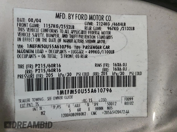 2005 Mercury Sable GS with VIN 1MEFM50U55A610796, listed as a Copart auction lot 76559784 with 75,102 mi miles and Salvage Title. Bid and sale history available at DreamBid. Image 15.