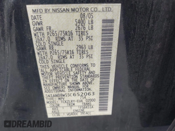 2005 Nissan Xterra S with VIN 5N1AN08W55C652063, listed as a IAAI auction lot 42239527 with 67,560 mi miles and . Bid and sale history available at DreamBid. Image 9.
