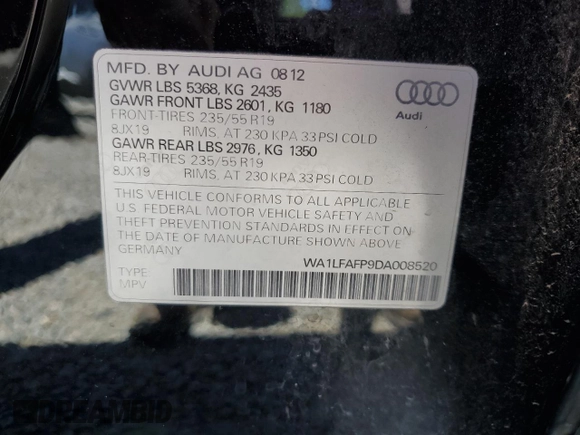 2013 Audi Q5 Premium Plus with VIN WA1LFAFP9DA008520, listed as a Copart auction lot 50175995 with 132,284 mi miles and Salvage Title. Bid and sale history available at carsss.com. Image 13.