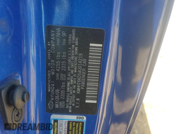 2010 Hyundai Genesis Coupe with VIN KMHHT6KD5AU014219, listed as a Copart auction lot 55022775 with 126,043 mi miles and Salvage title. Bid and sale history available at DreamBid. Image 12.