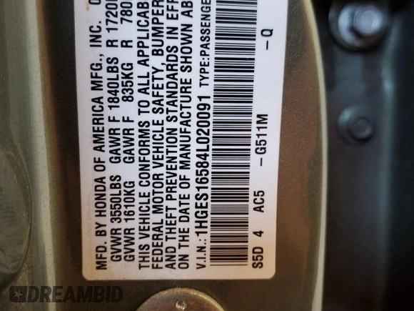2004 Honda Civic LX with VIN 1HGES16584L020091, listed as a Copart auction lot 50308095 with 97,208 mi miles and Salvage Title. Bid and sale history available at DreamBid. Image 12.