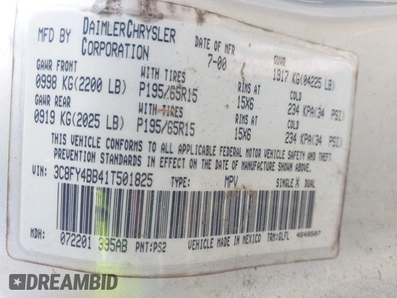 2001 Chrysler PT Cruiser with VIN 3C8FY4BB41T501825, listed as a IAAI auction lot 42388094 with 118,938 mi miles and . Bid and sale history available at DreamBid. Image 9.