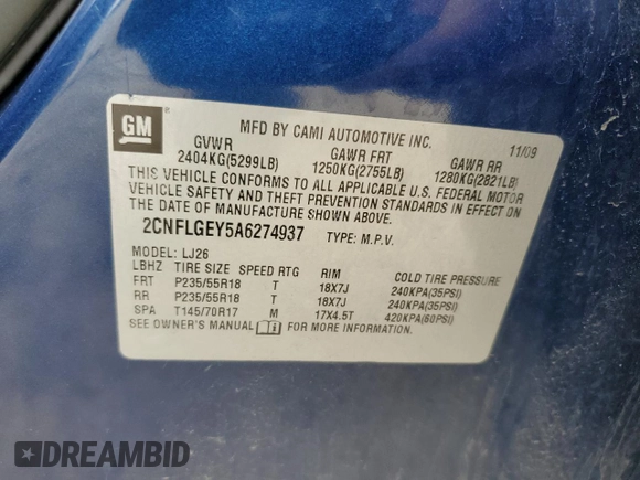2010 Chevrolet Equinox LTZ with VIN 2CNFLGEY5A6274937, listed as a Copart auction lot 54868845 with 118,103 mi miles and Clean Title. Bid and sale history available at DreamBid. Image 12.