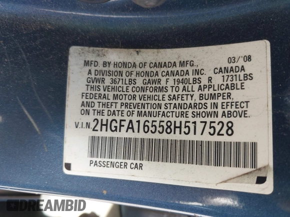2008 Honda Civic LX with VIN 2HGFA16558H517528, listed as a IAAI auction lot 42153461 with 288,296 mi miles and . Bid and sale history available at DreamBid. Image 9.