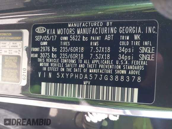 2018 Kia Sorento EX with VIN 5XYPHDA57JG388378, listed as a IAAI auction lot 41977584 with 121,482 mi miles and . Bid and sale history available at carsss.com. Image 9.