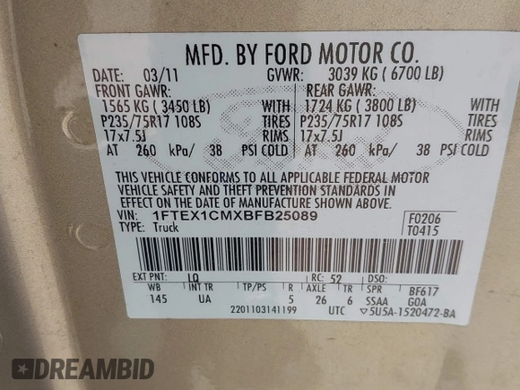 2011 Ford F-150 XL with VIN 1FTEX1CMXBFB25089, listed as a IAAI auction lot 42091981 with 348,604 mi miles. Bid and sale history available at carsss.com. Image 9.