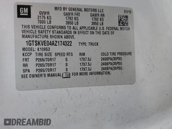 2010 GMC Sierra 1500 with VIN 1GTSKVE04AZ174322, listed as a Copart auction lot 88665495 with 149,792 mi miles and Salvage Title. Bid and sale history available at DreamBid. Image 12.